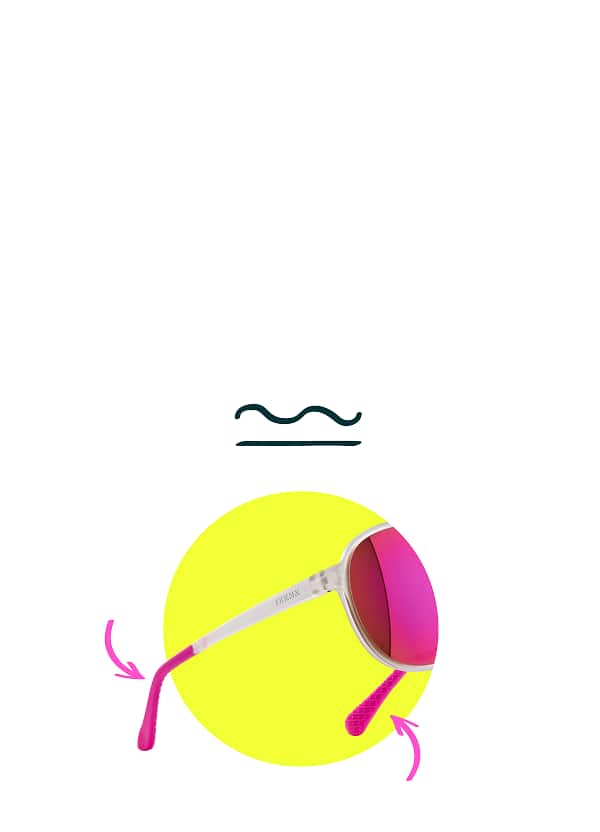 Zunnies Active Style sunglasses with pink grippy temple tips against a yellow circle.
