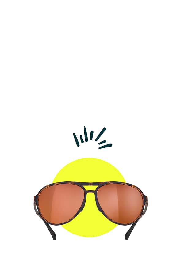 Tortoiseshell Zunnies Active Style sunglasses with orange-tinted lenses against a yellow circle.