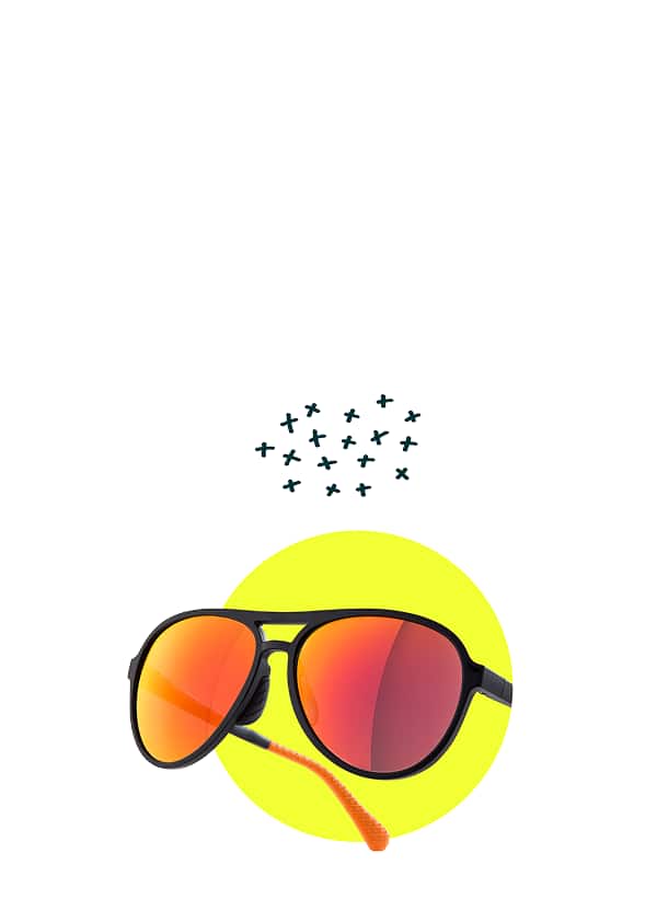 Black Zunnies Active Style sunglasses with orange adaptive lenses against a yellow circle.