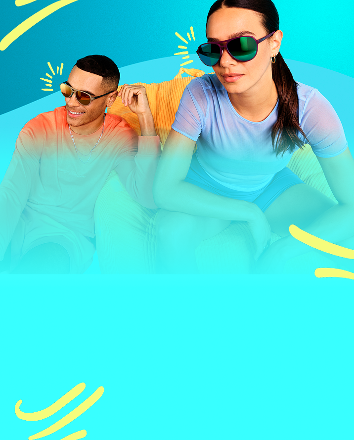 Two models wearing colorful Zunnies Active Style sunglasses against a bright blue background.