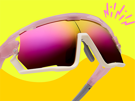 Pink and white sports sunglasses with mirrored lenses against a bright yellow background.