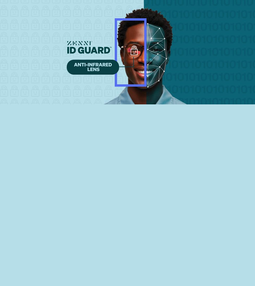 Split image showing facial tracking on one side and Zenni ID Guard anti-infrared lens blocking detection on the other.