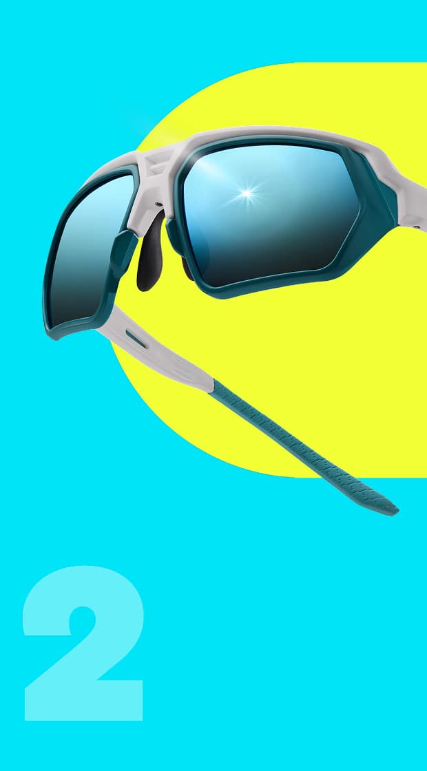 Close-up of Zunnies sports sunglasses with polarized lenses, reducing glare for sharp detail on a blue and yellow background.