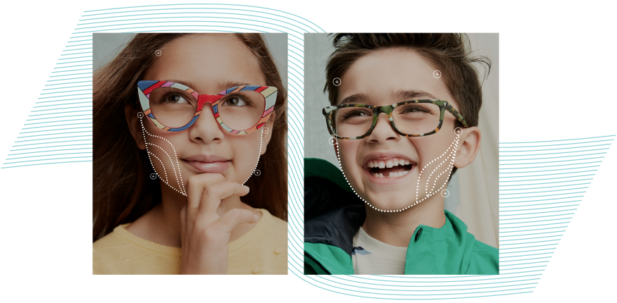 Image of a girl wearing colorful zenni glasses with lines drawn mapping out her face shape. Image of a boy wearing zenni glasses smiling, with lines drawn mapping out his face.