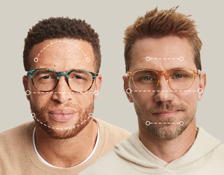 Image of two men wearing Zenni frames with example face measurement lines indicating an oval and diamond faces shape.