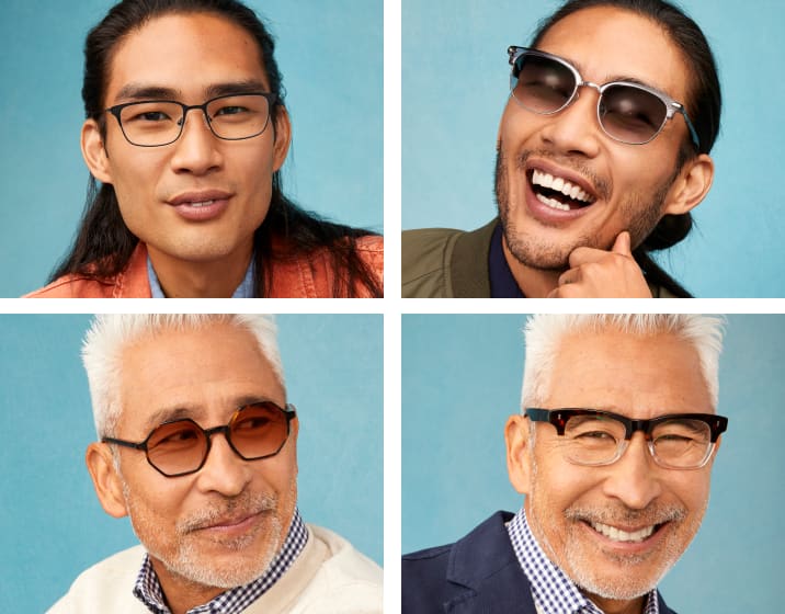 Image of four men each wearing Zenni glasses in different frame shapes including rectangle, cat-eye, geometric, and browline shapes.