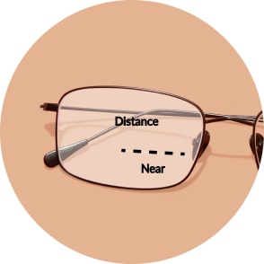 Image of a pair of Zenni bifocals, with captions denoting where the distance field and near field are on the lenses.