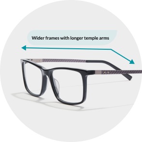 Image of a pair of zenni extended fit glasses, with a caption next to a pair of glasses that says 'wider frames with longer temple arms'.