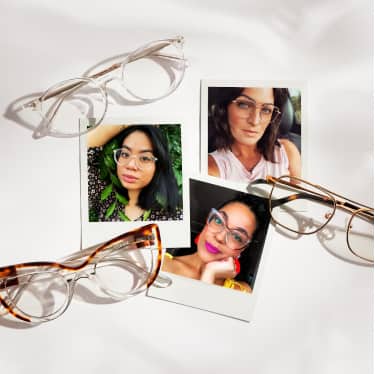 Iris Apfel's square glasses in Serengeti (ivory and brown stripes) and gold aviator glasses next to polaroids of Zenni fans rocking them.