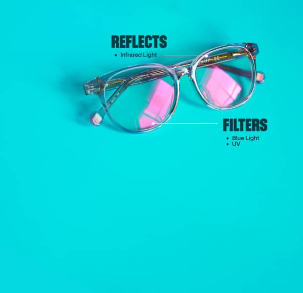 A pair of clear-framed glasses with pink-reflective lenses placed on a bright turquoise background. Text on the left highlights that the lenses reflect infrared light, while text on the right notes that they filter visible light, blue light, and UV rays.