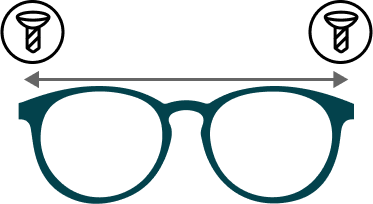 glasses with horizontal arrow across frame to show frame width measurement