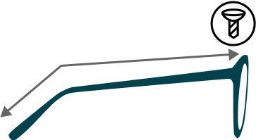 side view of glasses with arrow showing temple arm measurement