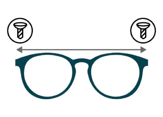 glasses with horizontal arrow across frame to show frame width measurement