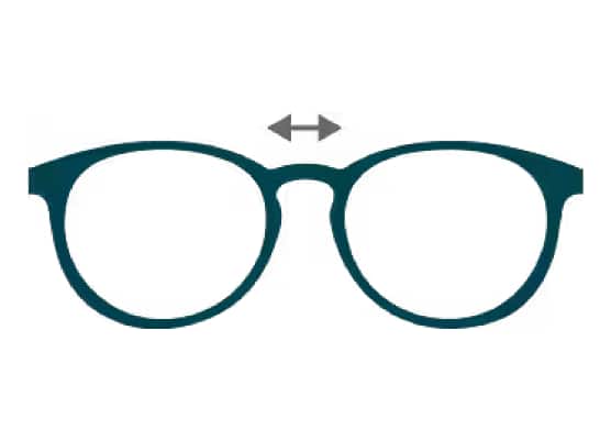 glasses with horizontal arrow on bridge to show bridge width measurement