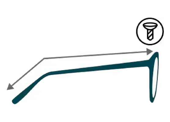 side view of glasses with arrow showing temple arm measurement
