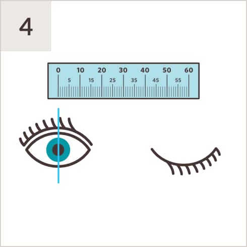 Illustration of PD ruler above a pair of eyes, with line measuring middle of left pupil while right eye is shut.