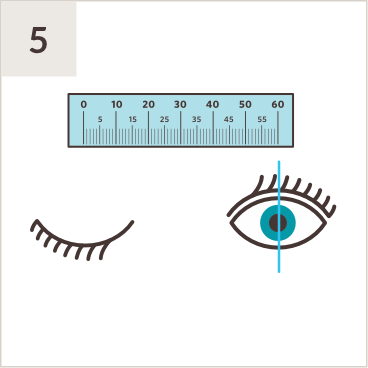 Illustration of PD ruler above a pair of eyes, with line measuring middle of right pupil while left eye is shut.