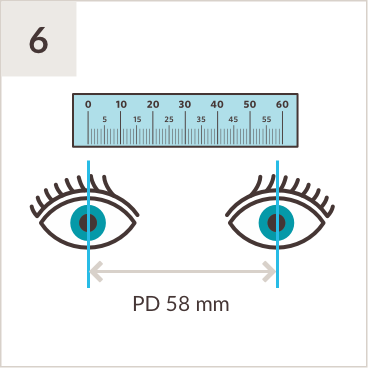 Illustration of PD ruler above a pair of eyes, with line measuring middle of both left pupil and right pupil with measurement of 58mm in between.