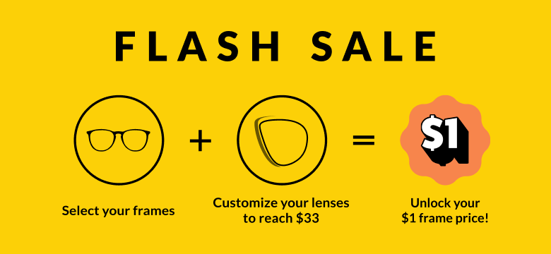 Three icons illustrating how to get $1 frames. The first one, with an illustration of frames, reads "Select your frames." The second one, with an illustration of a lens, reads "Customize your lenses to reach $33." And the third one, with an illustrated "$1" image, reads, "Unlock your $1 frame price!" On the left is a large headline reading "FLASH SALE."