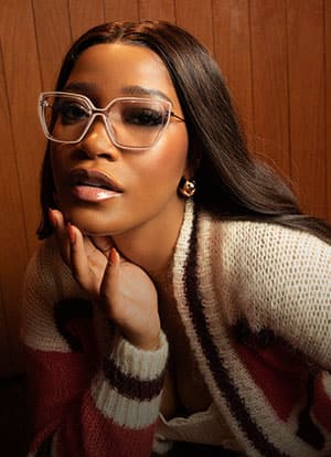 Keke Palmer is wearing a pair of oversized optical frames from her "Nostalgic Grace" collection, part of the Keke Palmer x Zenni frame collaboration.