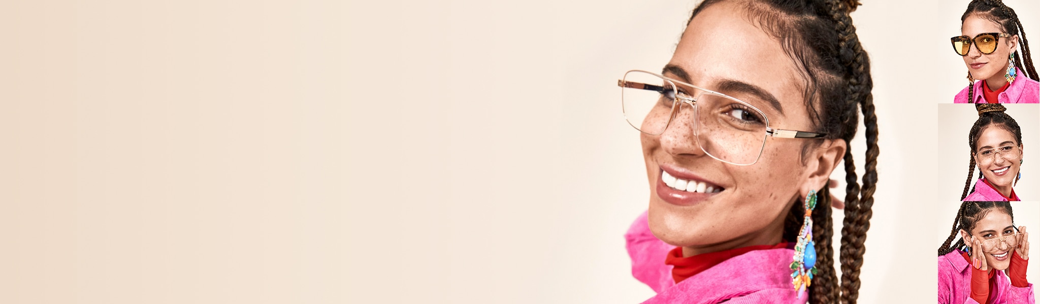 Images of a women in pink jacket wearing Zenni glasses.
