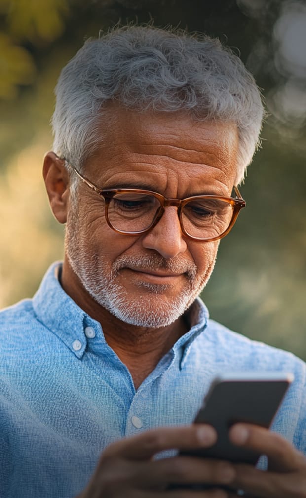 An older man with short, curly gray hair and a trimmed beard looks at a smartphone while wearing round brown glasses. He is outdoors with blurred greenery in the background.