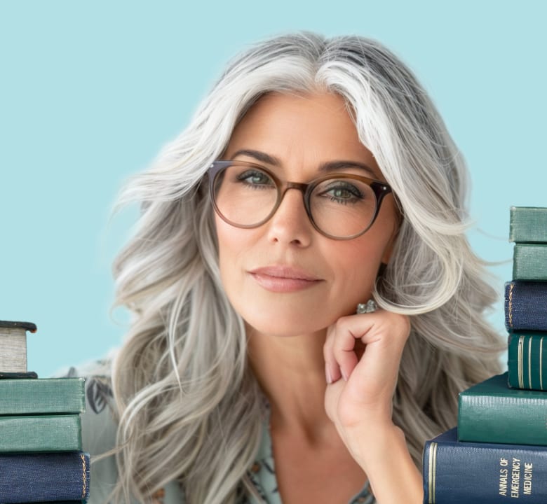 A woman with long gray hair wears circular readers glasses and smiles softly at the camera, her chin resting on her hand. The background is light blue, and green and blue books are stacked on both sides of her.
