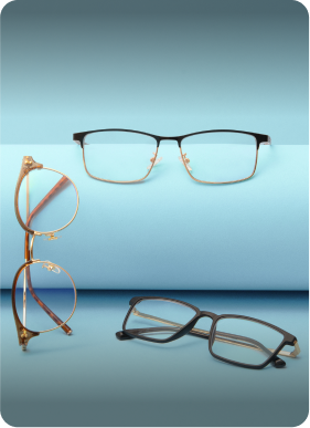 Three pairs of reading glasses including half-rim and full-rim styles arranged on a light blue background. Above, text states "How to order multifocal readers" and "Step-by-step guide". At the bottom, a white rectangular button displays "Read now".