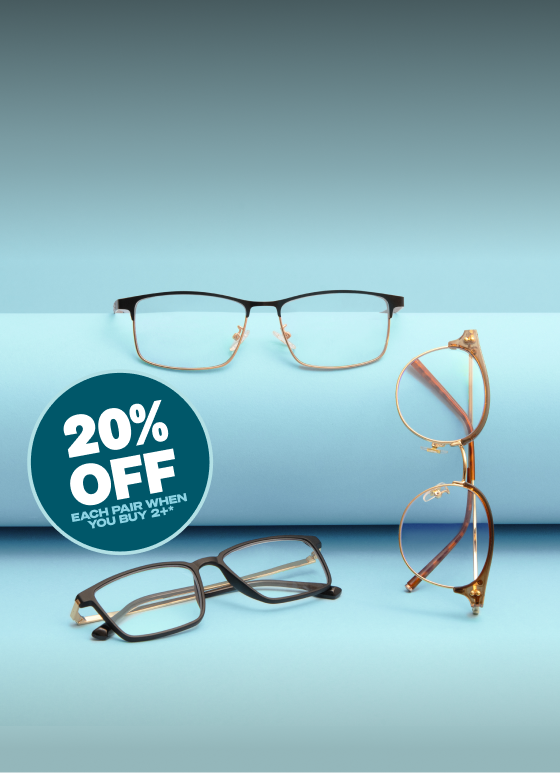 Three pairs of reading glasses including half-rim and full-rim styles arranged on a light blue background with a circular badge in the middle that reads "20% OFF EACH PAIR WHEN YOU BUY 2+". Above, text states "Buy More, Save More" and "20% off each pair when you buy 2+". At the bottom, a white rectangular button displays "Shop now."