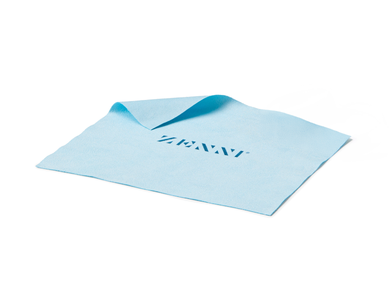 Blue microfiber cleaning cloth with Zenni logo against a white background.