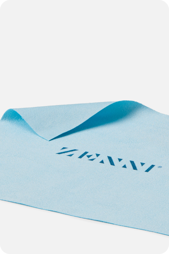 Blue microfiber cleaning cloth with Zenni logo against a white background.