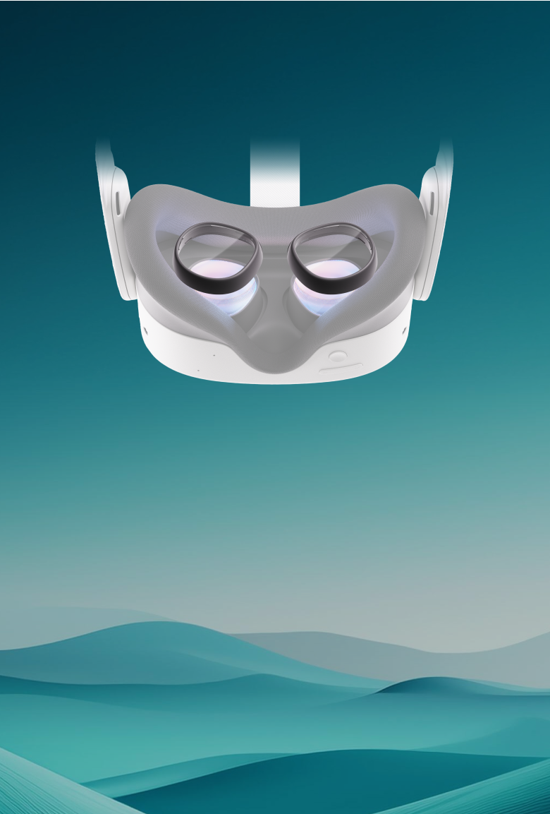 Meta Quest VR headset with custom Zenni VR lens inserts againset a varied teal background.