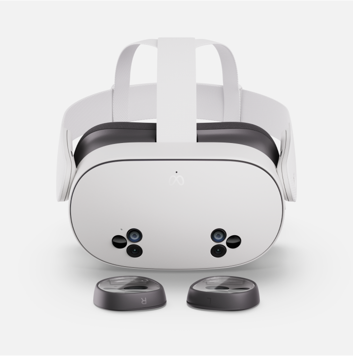 Meta Quest 3S VR headset with two Zenni VR lens inserts in front.