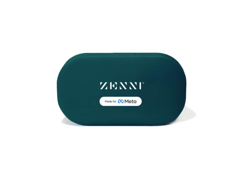 A teal-colored VR lens insert case with "ZENNI" logo and "Made for Meta" text on a white background.