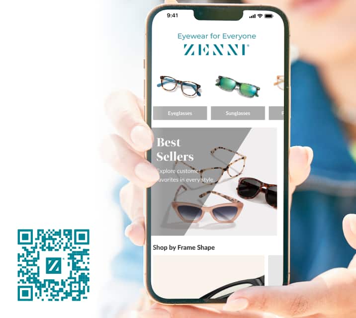 Image of a person holding a phone with the Zenni app open. 