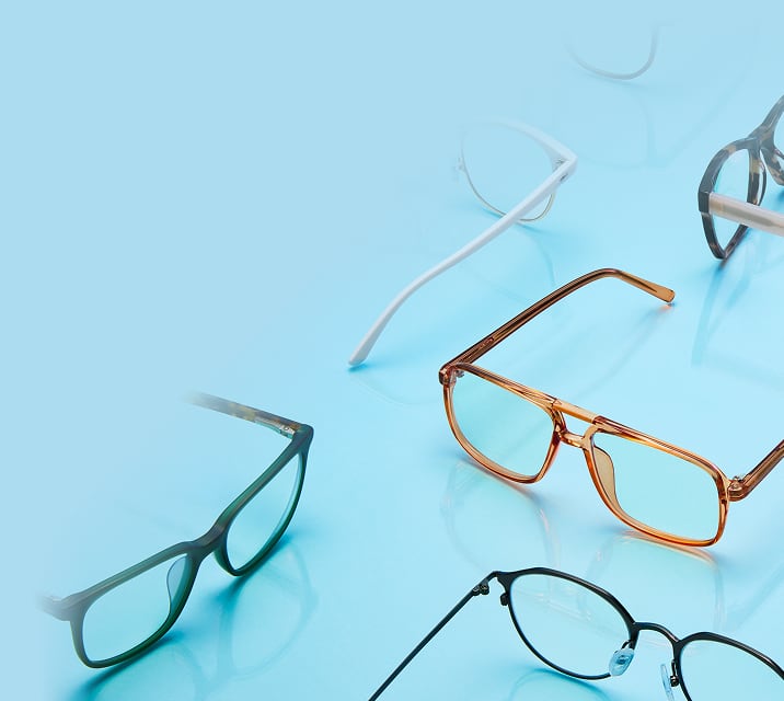 Zenni frame style quiz banner: 'Find Your Frames Faster' with Take Quiz button, surrounded by colorful glasses and sunglasses frames.