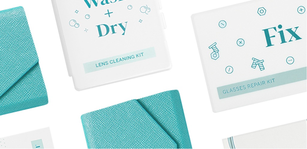 Lay-down image of Zenni deluxe tri-fold case in teal surrounded by Wash & Dry cleaning spray kit , Fix repair kit, and Clean individual lens wipes.