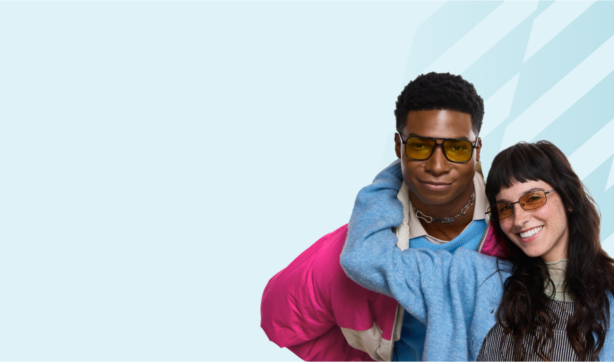Two smiling young people wearing stylish Zenni glasses in front of a light blue confetti background with Zenni 22-year birthday logo and tagline, Eyewear for Everyone.