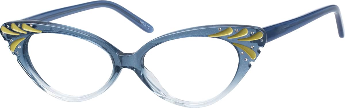 Zenni Women's Vintage Cat-Eye Prescription Glasses Gold Stainless Steel Full Rim Frame, Spring Hinges, Nose Pads, Blokz Blue Light Glasses, 3226714