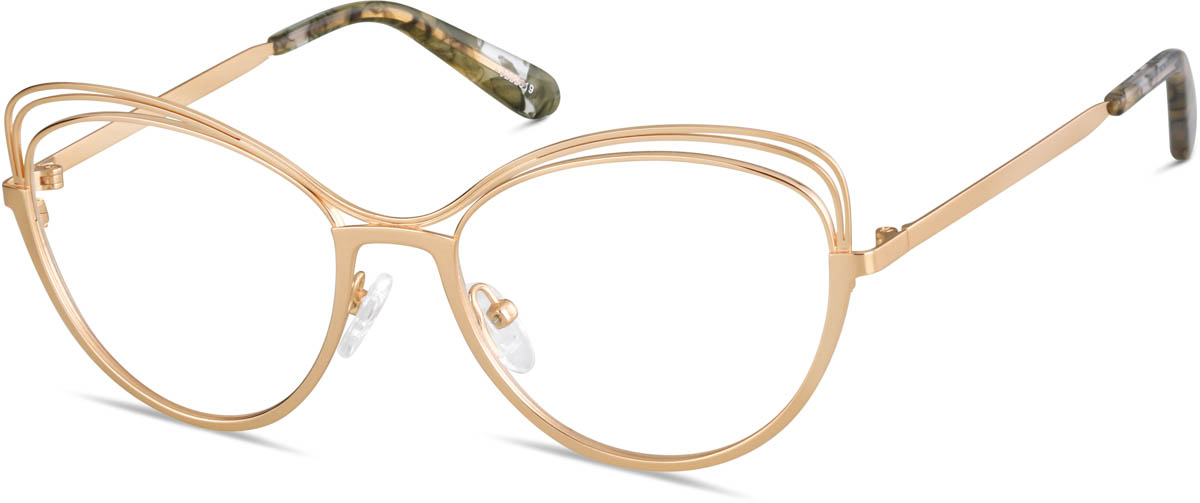 Zenni Women's Vintage Cat-Eye Prescription Glasses Gold Stainless Steel Full Rim Frame, Spring Hinges, Nose Pads, Blokz Blue Light Glasses, 3226714