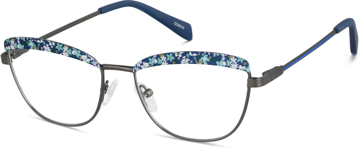 Zenni Women's Cat-Eye Prescription Glasses Blue Floral Stainless Steel Full Rim Frame