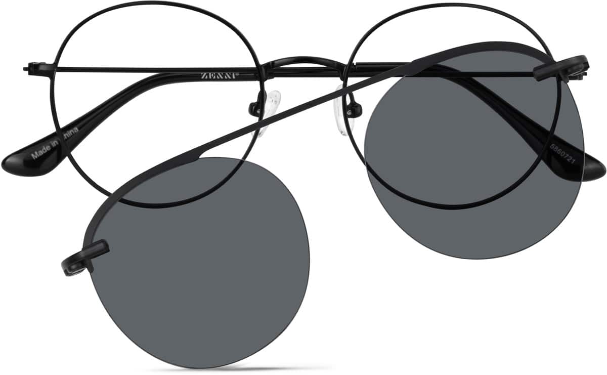 Zenni Round Prescription Glasses w/ Snap-On Sunlens Black Stainless Steel Full Rim Frame, Clip-Ons, Nose Pads, Blokz Blue Light Glasses, 5860721