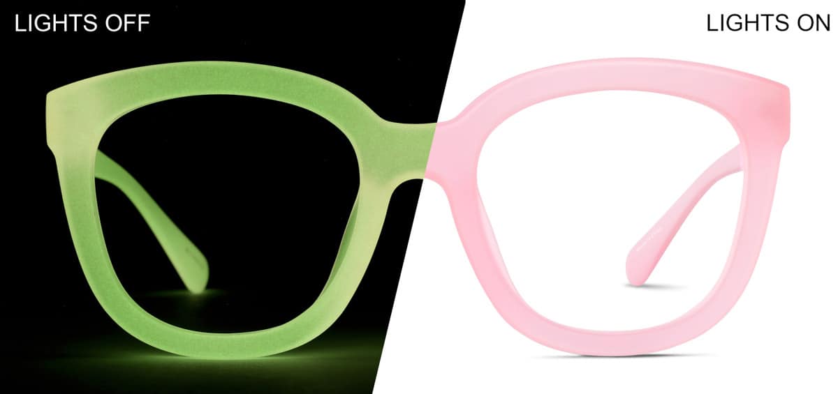 Front view of Glow-in-the-Dark Square Glasses 8110319 in Pink/ Green Glow