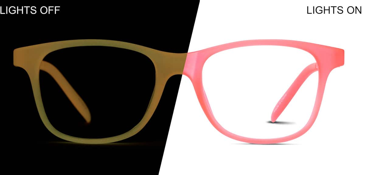 Front view of Kids' Glow-in-the-Dark Square Glasses 8110619 in Pink/ Orange Glow