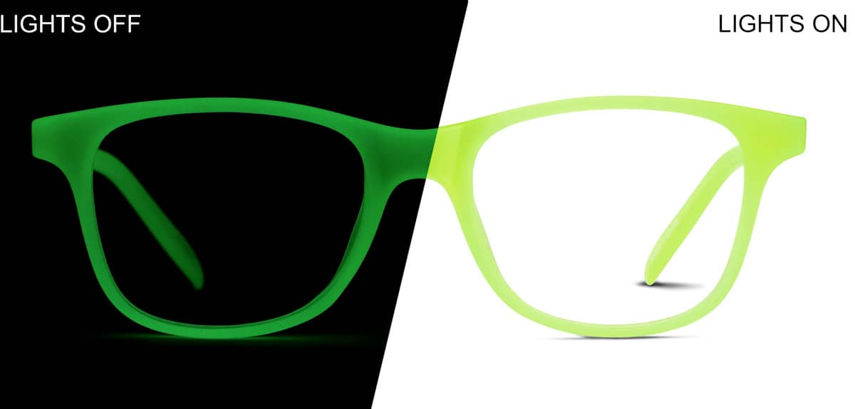 Front view of Kids' Glow-in-the-Dark Square Glasses 8110624 in Green/ Green Glow