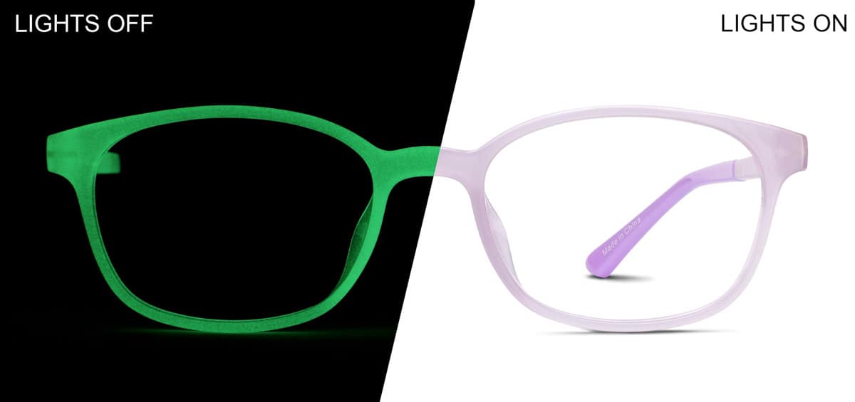 Front view of Kids' Glow-in-the-Dark Rectangle Glasses 8110917 in Purple/ Green Glow