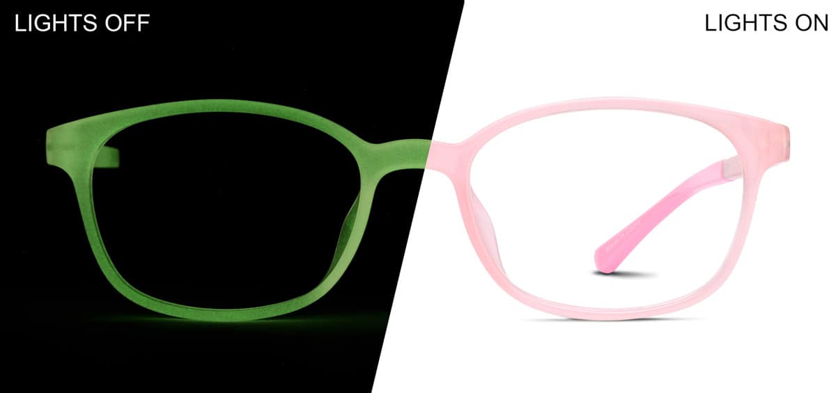 Front view of Kids' Glow-in-the-Dark Rectangle Glasses 8110919 in Pink/ Green Glow