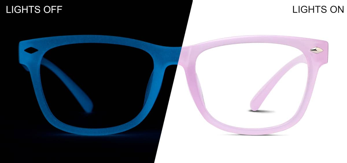 Front view of Glow-in-the-Dark Rectangle Glasses 8111017 in Purple/Blue Glow