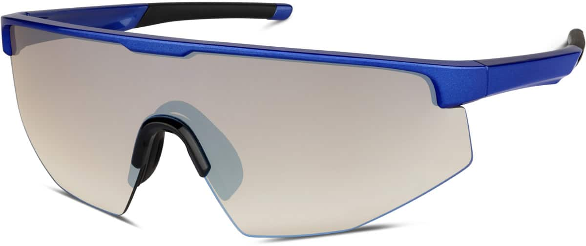 Angle view of Wrap-Around Shield Sunglasses A10161516 in Blue with Blue Flash Mirror