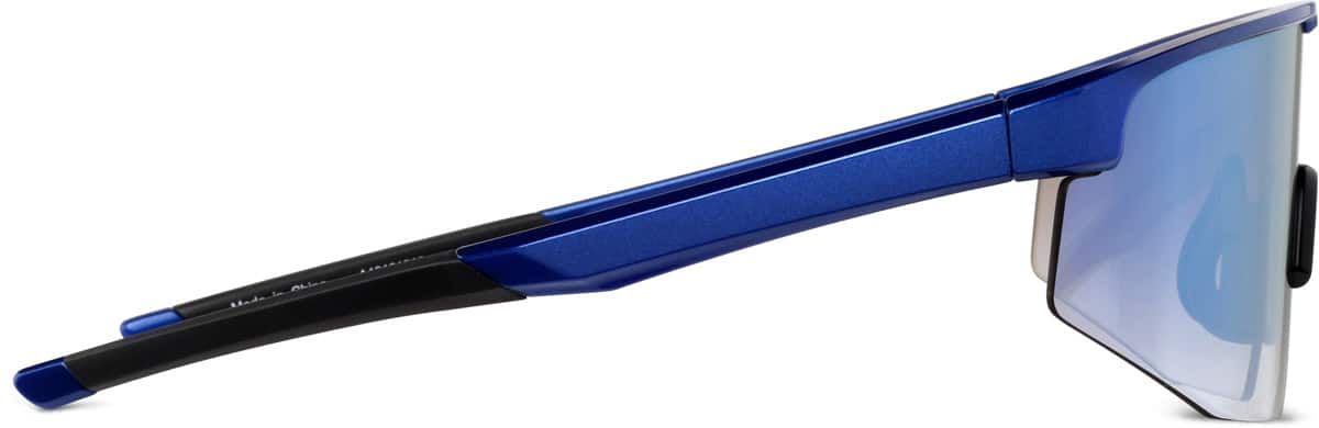 Side view of Wrap-Around Shield Sunglasses A10161516 in Blue with Blue Flash Mirror